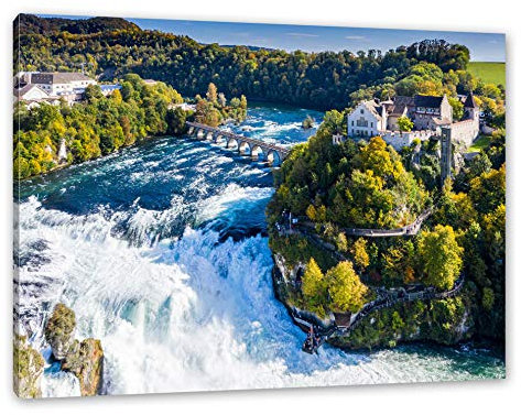 Pixxprint Panorama vom Rheinfall in der Schweiz, Größe: 100x70cm, Leinwandbild, fertig gespannt, Wandbild, Dekoration, Kunstdruck, kein Poster
