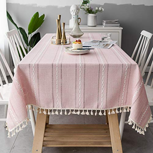 Wondder Tischdecken Baumwoll Leinen Tischdecke Quaste Tischdecke für Party Bankett Esstisch (Rosa gestreifte Mulde, 140x220cm(55x86.6inch))