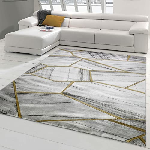 Teppich-Traum moderner Schlafzimmerteppich mit geometrischem Muster in grau Gold, Größe 200 cm Quadrat
