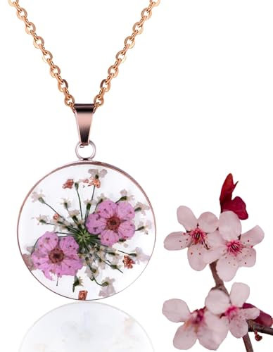 HALUKAKAH Rose Gold Plated Wild Flower Necklace for Women,Handmade Daffodil and Queen Anne's Lace Pressed,Unique Resin Birth Flower Jewelry for Her,Real Flowers in Rose Gold Bezel Pendant,45cm Chain