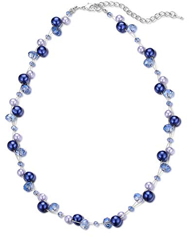 BULINLIN Short Beaded Pearl Necklace for Women, Silver Handmade Statement Necklace with Crystal Beads Fashion Jewellery Birthday Gifts for Her(Blue)