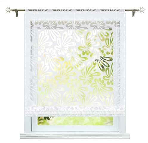 ESLIR Raffrollo Ausbrenner Küche Gardinen Raffgardine mit Tunnelzug Bändchenrollo Modern Gardinen Transparent Weiß BxH 60x155cm 1 Stück