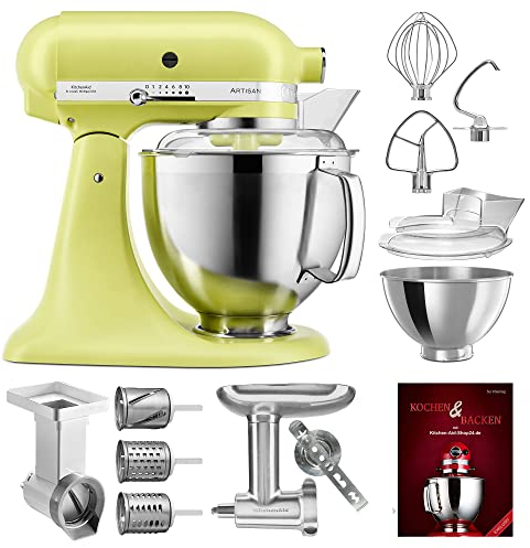 KitchenAid Küchenmaschine Artisan - P23 Vario Set Deluxe 185er (AM) - 5KSM185PSEKG inkl. Gemüseschneider (MVSA), Fleischwolf Ganzmetall (5KSMMGA) und Kochbuch (Kochen & Backen)