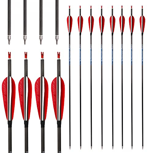 ACCMOS 12St ID 6,2 mm Jagdpfeile Spine 800 Pfeil aus Reinem Carbon Länge 31 Zoll mit 4 Zoll Rote Weiße Truthahnfeder (Spine 800, 31inch)