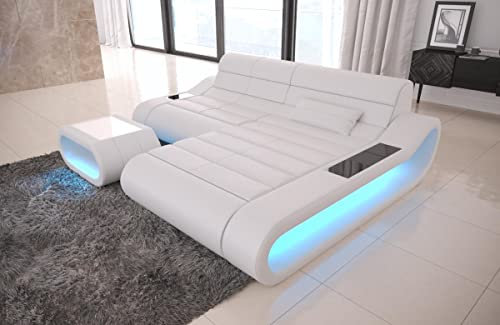 Sofa Concept L Form kurz in Leder - mit LED Beleuchtung, ergonomische Rückenlehnen, Recamiere/Lederfarben wählbar/Ausrichtung Ottomane wählbar (Ottomane rechts, White)