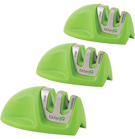 KitchenIQ 51422 | Aiguiseur de couteaux Edge Grip à 2 étapes | Vert – Lot de 3 | Aiguiseur grossier et fin | Compact pour un rangement facile | Base antidérapante stable | Poignée en caoutchouc souple