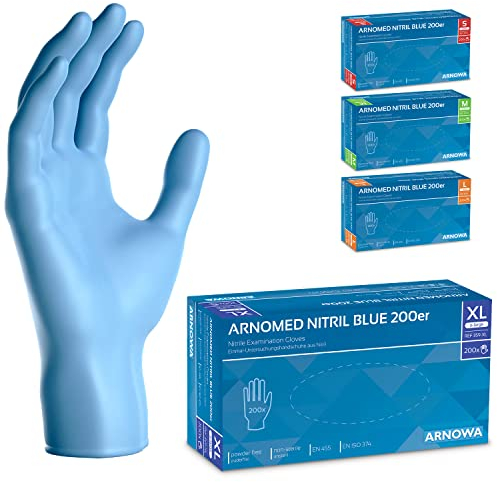 ARNOMED Gants jetables bleu, 200 pièces/boîte, gants nitrile taille XL, non poudrés & sans latex, gants jetables, gants disponibles en tailles S, M, L & XL