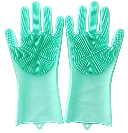 HUAYINGMEI Gants à récurer en silicone, gants éponge de nettoyage avec brosse pour le lavage de la vaisselle, la salle de bain, la cuisine, la voiture et le toilettage des animaux de compagnie (Vert)