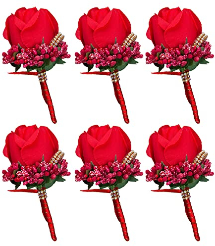 Uposao 6 Stück Hochzeit Braut Blumen Anstecker,Handgefertigte Rose Bräutigam Boutonniere Hochzeitsbrosche Blumenstrauß Korsage künstliche Blumen für Party Prom Männer Anzug Dekoration,Rot