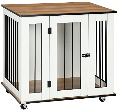 PawHut Dog Crate Furniture, Dog Cage End Table with Wheels, Lockable Door, for Medium Dogs, 80 x 60 x 76.5 cm - White