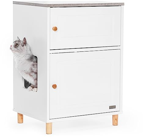 Petsfit Cat Litter Box Enclosure, Hidden Cat Litter Box Wooden Cabinet Furniture with Storage Cabinet and Ventilation Holes, Cat Box Enclosure, Modern Cat Washroom White