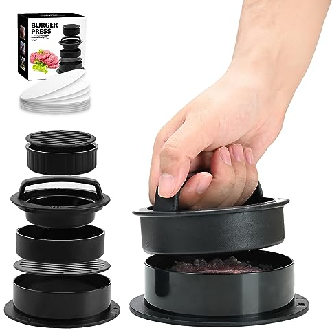 Xkzhrr Presse à Hamburger 3 en 1, Presse à Hamburger antiadhésive avec poignée en ABS pour de délicieux Hamburgers pressés, galettes, avec 100 Feuilles de Papier sulfurisé antiadhésif