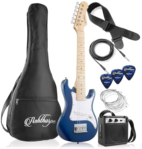 Ashthorpe 76,2 cm Kinder-E-Gitarre, Anfänger-Set mit Verstärker (blau), Basis-Starterpaket mit Gigbag, Saiten, Gurt, Plektren