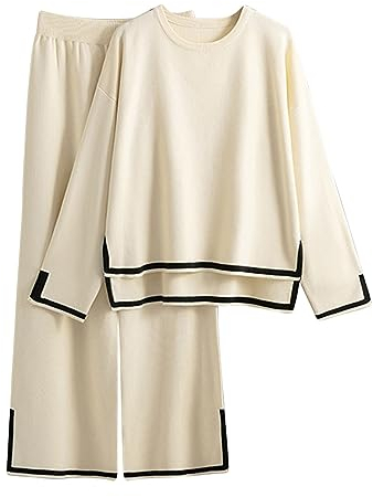 EMATOP Strickanzug Damen 2 Stück Langarm Strickpullover mit Lang Hosen Freizeitanzug Beiläufig Einfarbig Jogginganzug Elegant Loungewear Set Herbst Winter Casual Hosenanzug Yoga Outfits