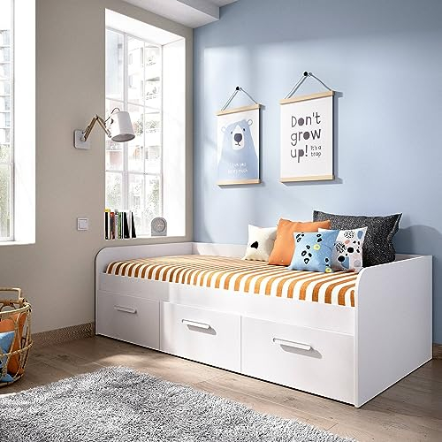 Dmora Letto per Bambini Adamello, Lettino Contenitore per cameretta, Struttura per Letto Singolo con 3 cassettoni, 194x97h60 cm, Bianco