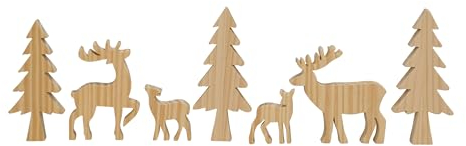 Spetebo Holz Tannenwald zum dekorieren 7-teilig - Natur - Weihnachts Deko Tierfiguren Set - Tischdeko Winter Wald Tanne Tier Hirsch Rentier Figur Weihnachtsdeko
