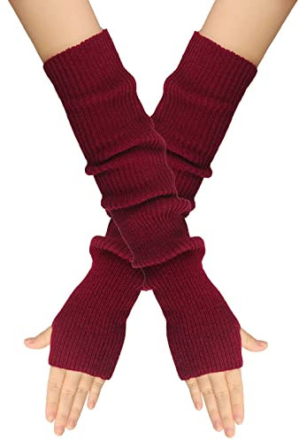 Wambere Damen Mädche Winter Fingerlose Armstulpen Langarm Fäustlinge Handschuhe Feinstrick lang Handwärmer Stulpen,Warm Strick Handschuhe Pluswärmer Strickhandschuhe,Weinrot