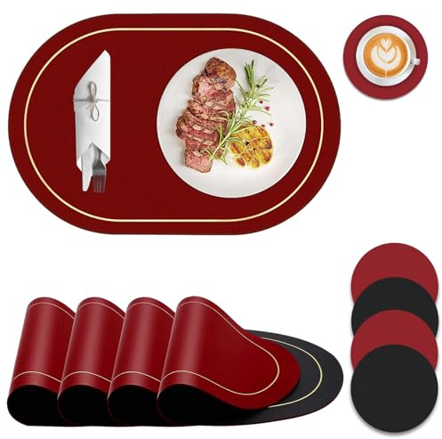Placemats, PU Leather Place Mats and Coasters Set of 4, Dual Color Sided Heat Resistant Table Mats Non-slip Washable Wipeable Kitchen Place Mat Large for Home Indoor Outdoor Dining45x 30cm(Black Red)