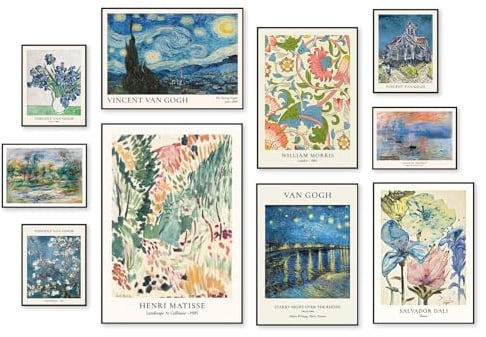 Eklektische Vintage-Wandkunst, eklektische Galerie-Kunstdrucke, 10er-Set, berühmter Künstler, maximalistische Wanddekoration, Van Gogh Monet Matisse, Wandkunst, moderne Boho-Raumdekoration für