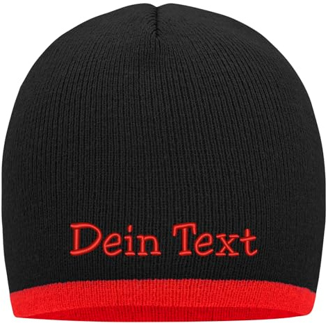 Nashville print factory Beanie mit farbigem Kontrastrand Bestickt mit Name oder Wunschtext Strickmütze Mütze (Black/Red)