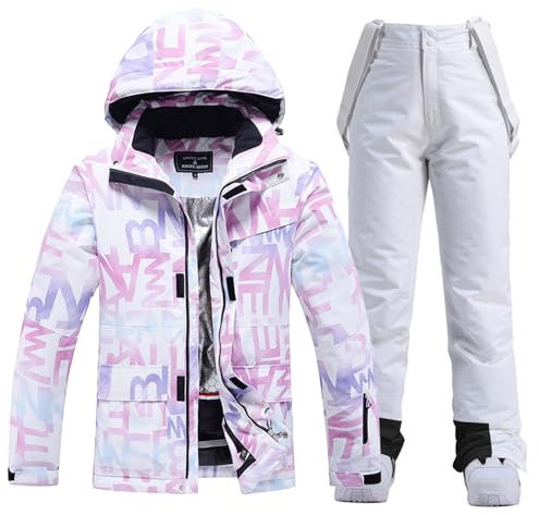 ALSOGO Damen Skijacke & Skihose Set Skianzug 2 teilig Schneeanzug Wasserdicht Schneejacke Winddichte Schneehose mit Abnehmbare Kapuzen Trägern zum Skifahren Snowboarden TY304 Weiß S