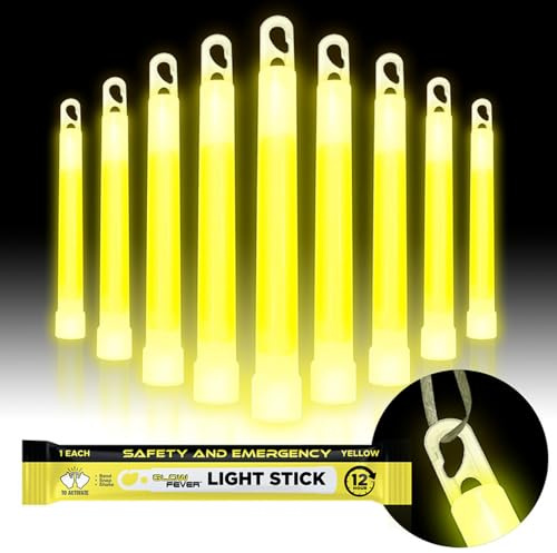 Glow Fever Leuchtstäbe, Notfallsicherheit, Militär, 15,2 cm, leuchtend, ultrahell, mit 12 Stunden Dauer, für Wandern, Party, Camping, Verdunkelung, Hurrikan, Unterschlupf, Überlebens-Set, Gelb, 10