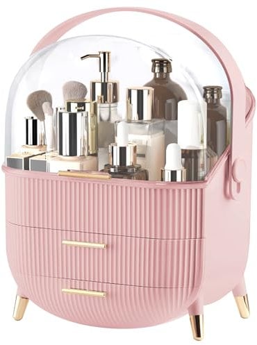 YGJT Make Up Organizer Organizer Schminke aus Kunststoff mit 3 Ebenen, Drehbarem Griff & Durchsichtigem Deckel - Wasser- & Staubdichte Kosmetik Aufbewahrung Rosa