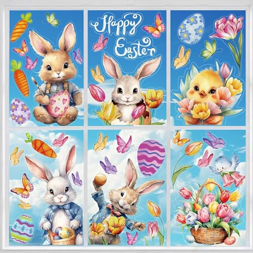 DERAYEE 3D Fenstersticker Ostern Selbstklebend 8 Blätter, Fensterdekoration Ostern mit Tulpen, Blumen, Schmetterlinge, Fenster Aufkleber Dekorationen Wiederverwendbar für Ostern