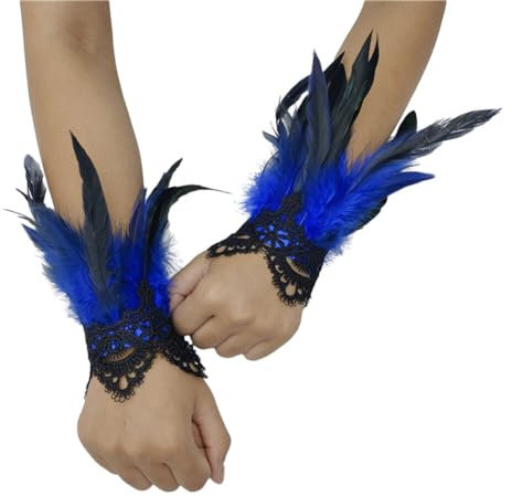 Asudaro Frauen Feder Handgelenk Manschetten, 1pair Floral Lace Armbänder Gothic Mesh Armband Lange Handschuhe Armstulpen Arm Stulpe Handschuhe Armschmuck für Cosplay Halloween Party Kostüm Königsblau