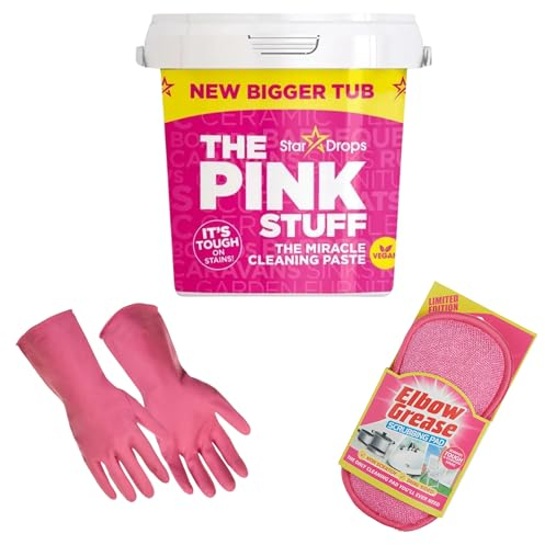 Pinkstuff Paste, The Pink Stuff Scrubber Kit, with Pink Elbow Grease Scrubber pad and Pink Durable Gloves - The pink stuff cleaning products Bundle.