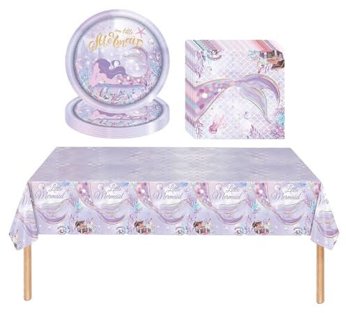 Juego de vajilla de fiesta de sirena, 20 invitados, platos desechables de sirena morada, servilletas y mantel para decoración de mesa de fiesta de sirena