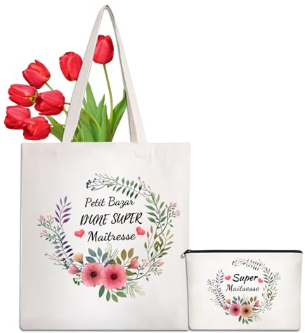 LIHIQIYA Cadeau Maitresse d'école, Tote Bag Maîtresse avec Petite Pochette Sacs Coton Cadeau Maîtresse Sac en Toile Merci Maitresse Tote Bag Femme Sac Tissu Sac Fourre Tout Cadeau Fin d'année Scolaire