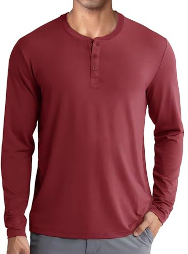 COOFANDY Henley Shirts Long Sleeve Men Grandad T-Shirt Casual Mens Button Tops Basic Winter for Men Red Wine S