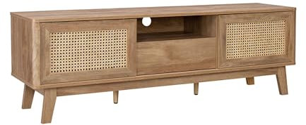 sweeek - Meuble TV Portes coulissantes. casier fermé. étagère Effet Bois et cannage 150cm