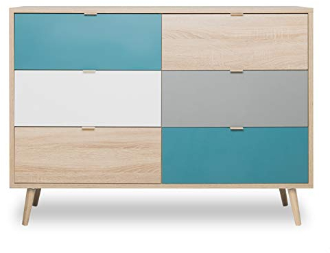 Kommode in Eiche Sonoma hell mit Weiß, Grau und Grüm, Sideboard skandinavisches Design, Anrichte Tricolor 103 x 87 cm Colory (120 cm)