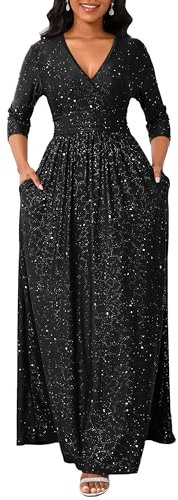 VERWIN Women's Glitter V-Neck Dress with Smocked Waist & Pockets - Maxi, A-line, 3/4 Sleeve Cocktail Dress in Black XL