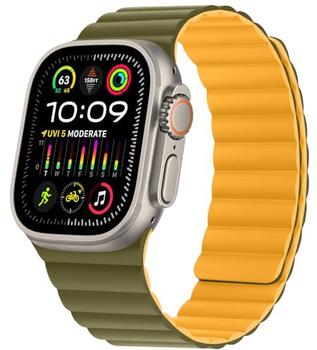 HITZEE Compatible con Cinturino Apple Watch 49/46/45/44/42/41/40/38mm, Cinturini Magnetico in Morbido Silicone Compatibile per iWatch Ultra 2 Serie 10 9 8 7 SE 6 5 4 (44/45/46/49, Verde/Giallo)