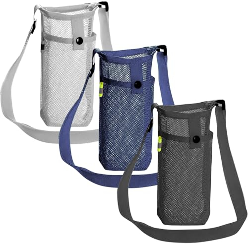 3 Pcs Water Bottle Carrier Bag, Lightweight Mesh Water Bottle Bag Beach Bottle Bag Water Bottle Holder with Adjustable Shoulder Strap for Outdoor Camping Hiking Gym Walking Sports (Black&Blue&Gray)