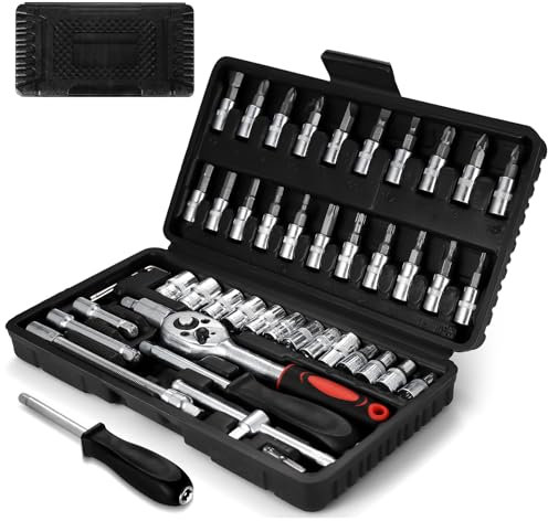 46 Pcs Outillage Mecanique Auto, Outils Bricolage, Kit Plate à Cliquet, Clé à Douille Malette Outils Complete, Clé à Cliquet 1/4, Outils Mecanique Automobile pour Réparation de Moto Vélo