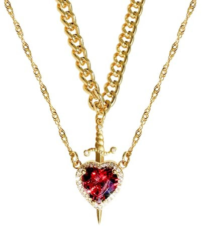 Generico Collana con ciondolo a forma di cuore con rosa gotica, collana con cuore e spada, collana con ciondolo a forma di cuore in cristallo, regalo di gioielli per coppia (B-Gold)