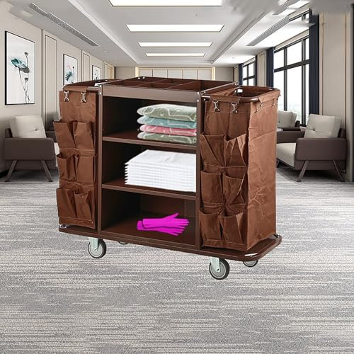 Traditioneller kommerzieller Reinigungswagen mit 3 Ablagen, Reinigungswagen auf Rädern, Hausmeisterwagen, Housekeeping-Wagen für Hotels, Geschäfte, Schulen und Unternehmen,Braun