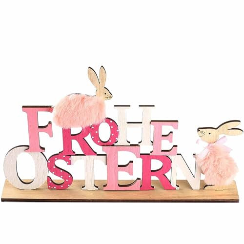 HERZONE Hase Aufsteller für Ostern,Osterhase Figur osterndeko Osterhase zum Hinstellen (pink- Frohe Ostern)