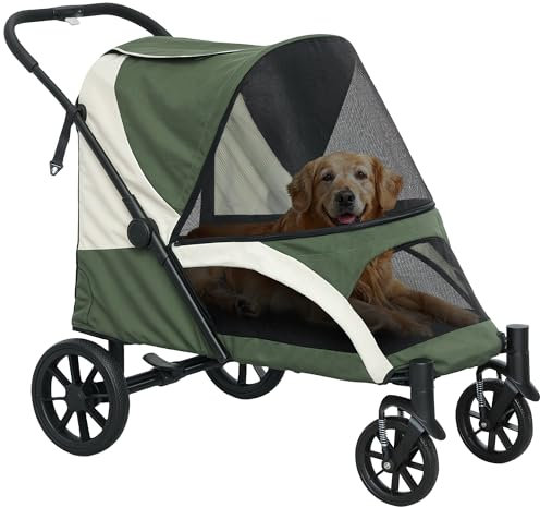 PawHut Hundewagen Hundebuggy klappbar für große Hunde & Katzen bis 30 kg Katzenbuggy mit Kissen Netzfenstern Türen Aufbewahrungstasche Katzenwagen mit Sicherheitsleinen, Bremsen, Buggy Dunkelgrün