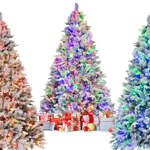 GYMAX Sapin de Noël Artificiel 210cm Lumineux LED, Lumières Multicolores, 8 Modes d'Éclairage, 1270 Branches Floqué de Neige, 3 Type de Feuilles avec Pommes de Pin, pour Décoration Intérieur Maison