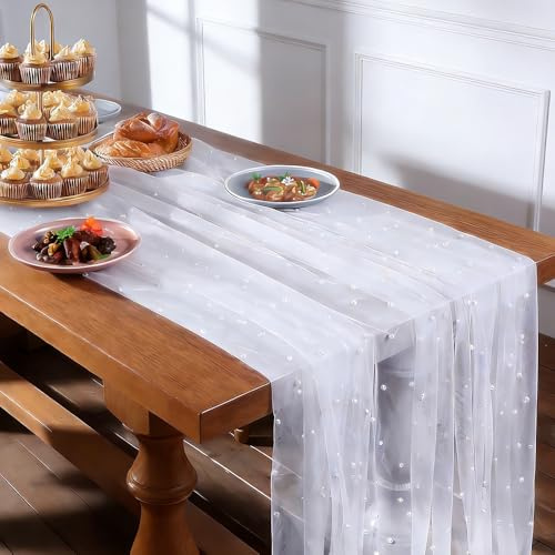 WEFHEF Tischläufer Tüll mit Perlen, 200x80cm Tischdecke Hochzeit Weiß Tischdecke aus Perlenspitze Weich Stoff aus Perlentüll Tischband Tischdekoration für Hochzeit Brautparty Geburtstagsfeier