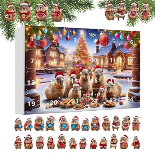 Capybara - Calendario dell'Avvento natalizio 24 giorni, decorazione stagionale in acrilico 3D | Calendario 2025 per conto alla rovescia con ciondolo a forma di albero di Natale Capybara, per casa