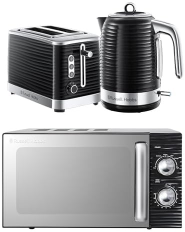 Russell Hobbs Inspire Black Kitchen Set, 1.7L 2400W Kettle, 2 Slice Toaster with Variable Browning Levels & 17L 700W Microwave with 5 Power Levels, Defrost & Reheat Functions INSPBNDL2B