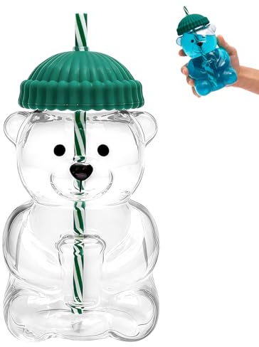 Sutowe Juice Bear Shape Bottle 590ML Clear Glass Drinking Cup with Lid and Straw, Bear Style Tea Juice Drinking Coffee Bottle Ergonomic Cup for Espresso Coffee Milk Tea Wine