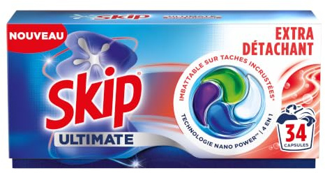 Skip - Capsules Lessive, Ultimate 4en1, Extra Détachant, 34 Lavages | Élimine les taches incrustées sur le linge blanc et couleurs, technologie Nano Power efficace en cycle court et à froid