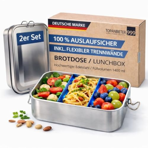 TOPANBIETER 999 2x Premium Lunchbox 1400 ml aus Edelstahl – auslaufsichere Brotzeitbox mit 2 Trennwand & Dichtung – wasserdichte, nachhaltige Brotdose mit Bügelverschluss für Schule, Büro & unterwegs